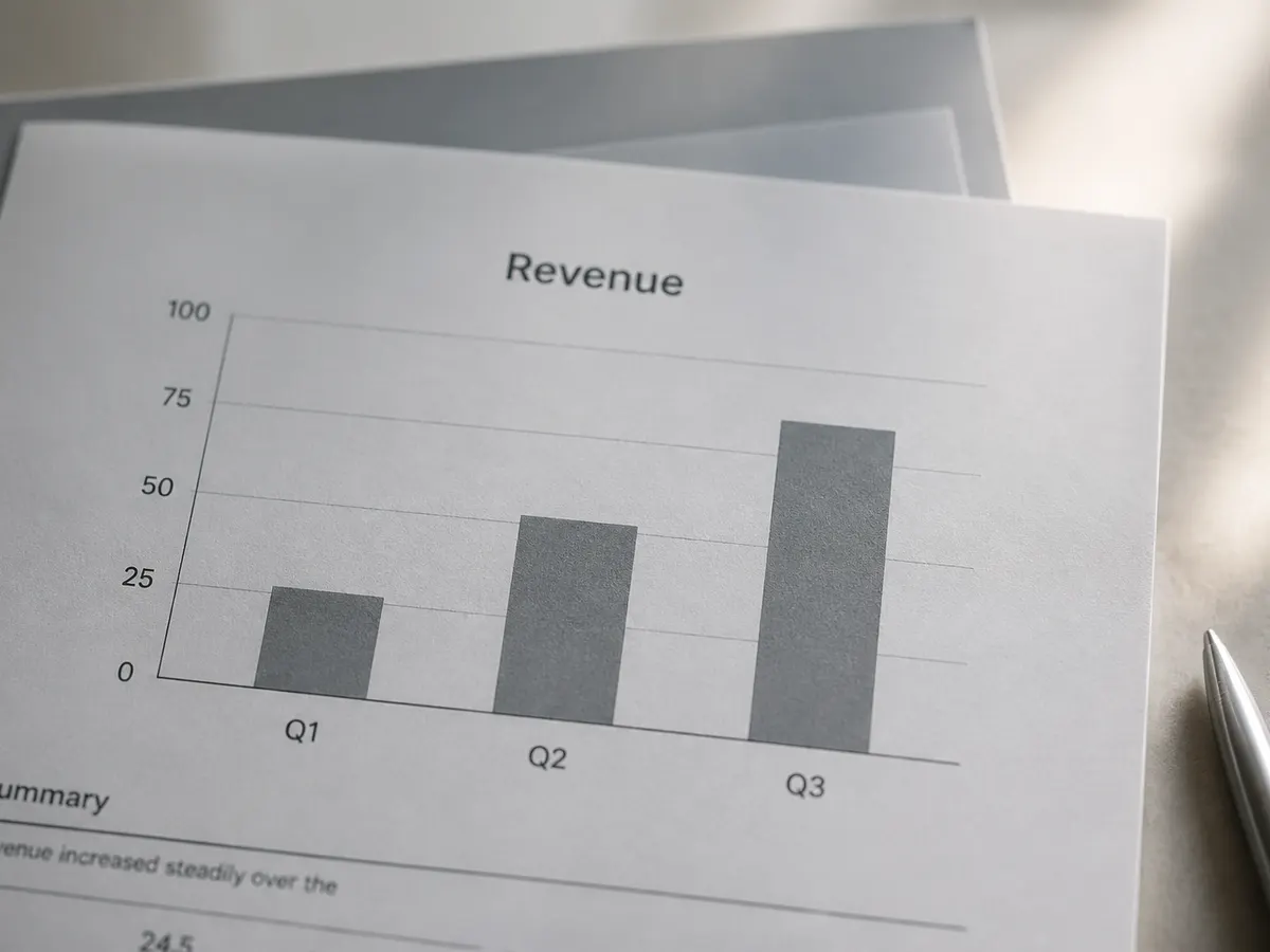 Printed revenue card with a three-bar chart