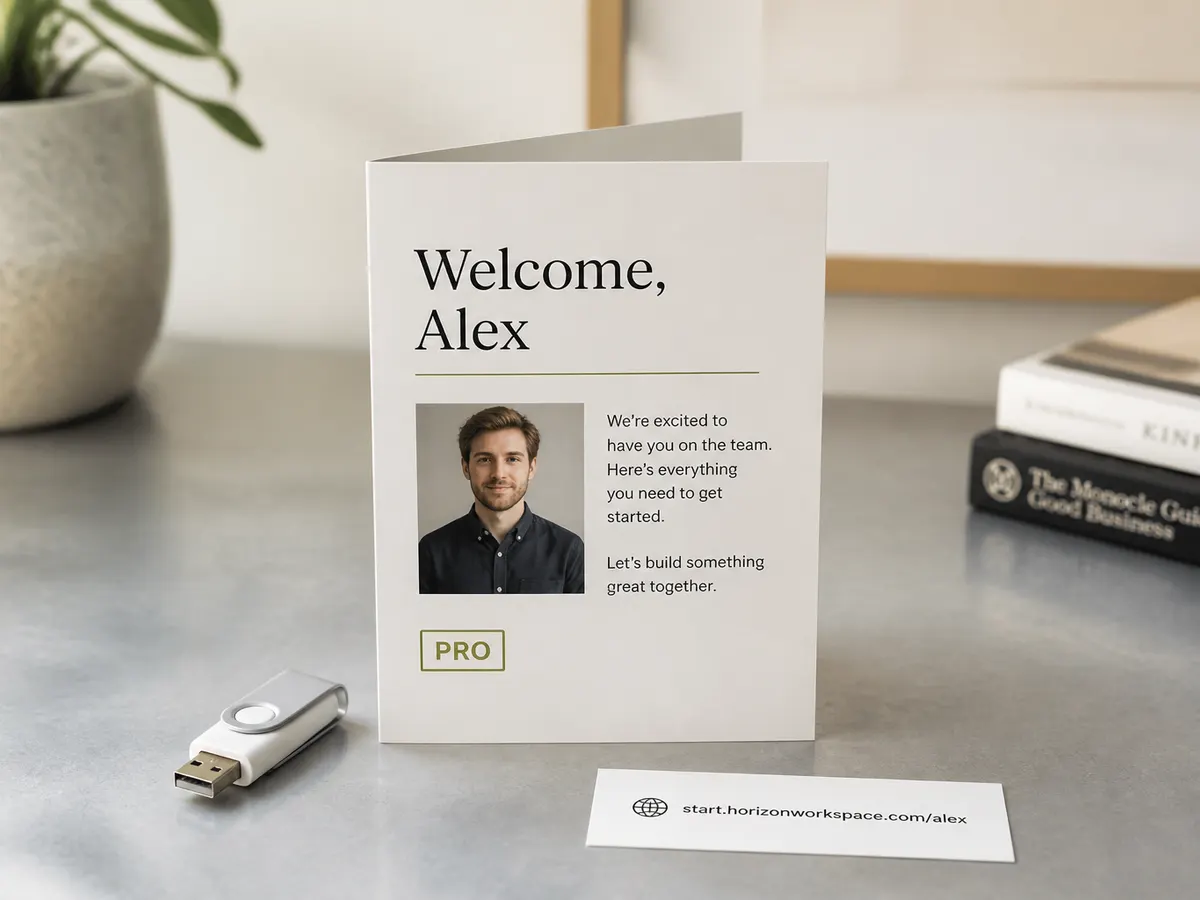 A finished welcome card standing on a desk