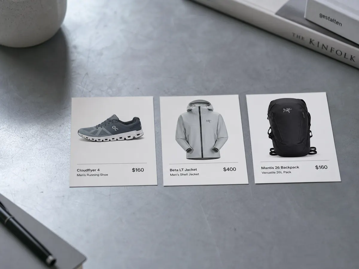 Three product cards laid out in a row